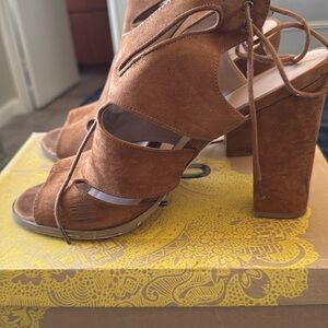 Mix No. 6 Brown Heeled Sandals with Chunky Block Heel